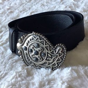 Fabio Corti Leather Belt with Intricate Detailed Paisley Metal Buckle Black - L